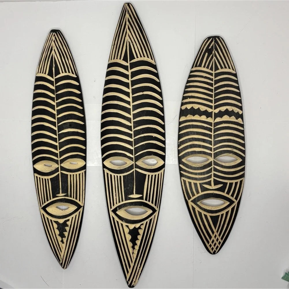 Set Of (3) African Traditional Wooden Wall Hanging Masks Home Decor Tribe Uganda